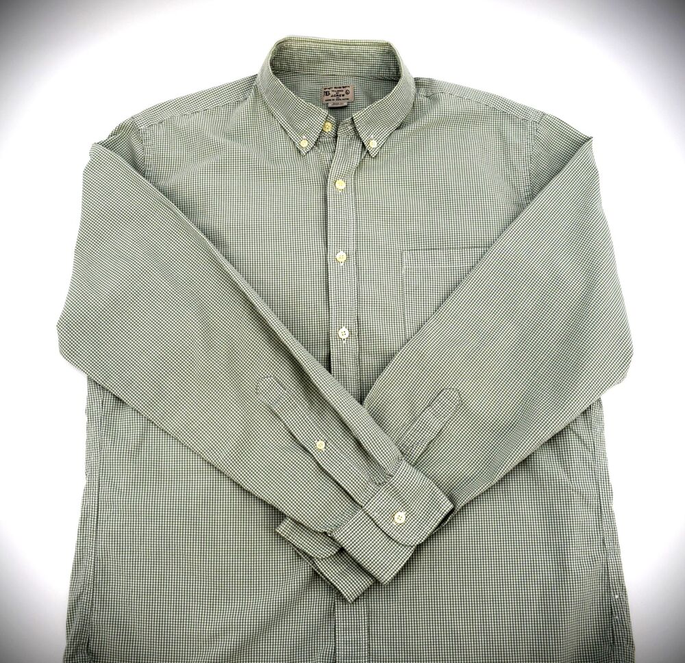 Vintage J. Crew Mens Large Green White Micro Gingham Button Down Shirt Cotton